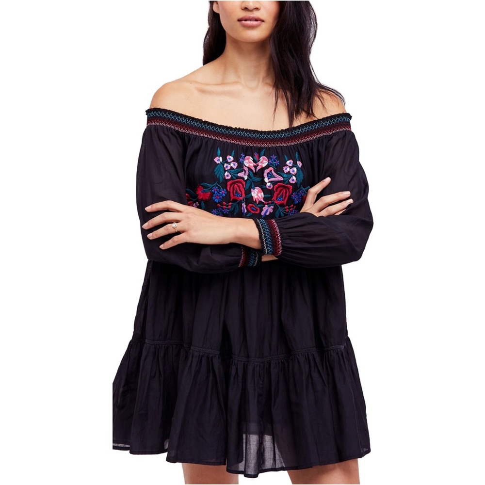 FREE PEOPLE Sunbeams Embroidered Mini Dress Black